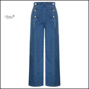 High Waisted Wide Leg Stretch Denim Pants, Size M US 8-10, Elastic Fit